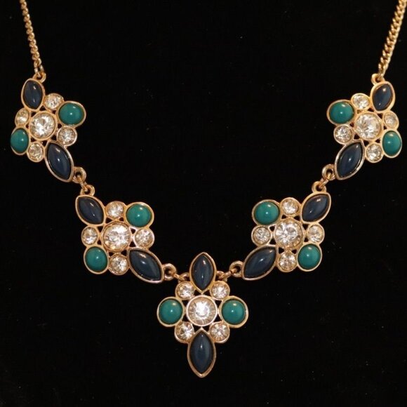 Vintage Avon JJH Rhinestone Necklace - Green, Blue, Clear Stones on Gold Tone - Picture 1 of 10